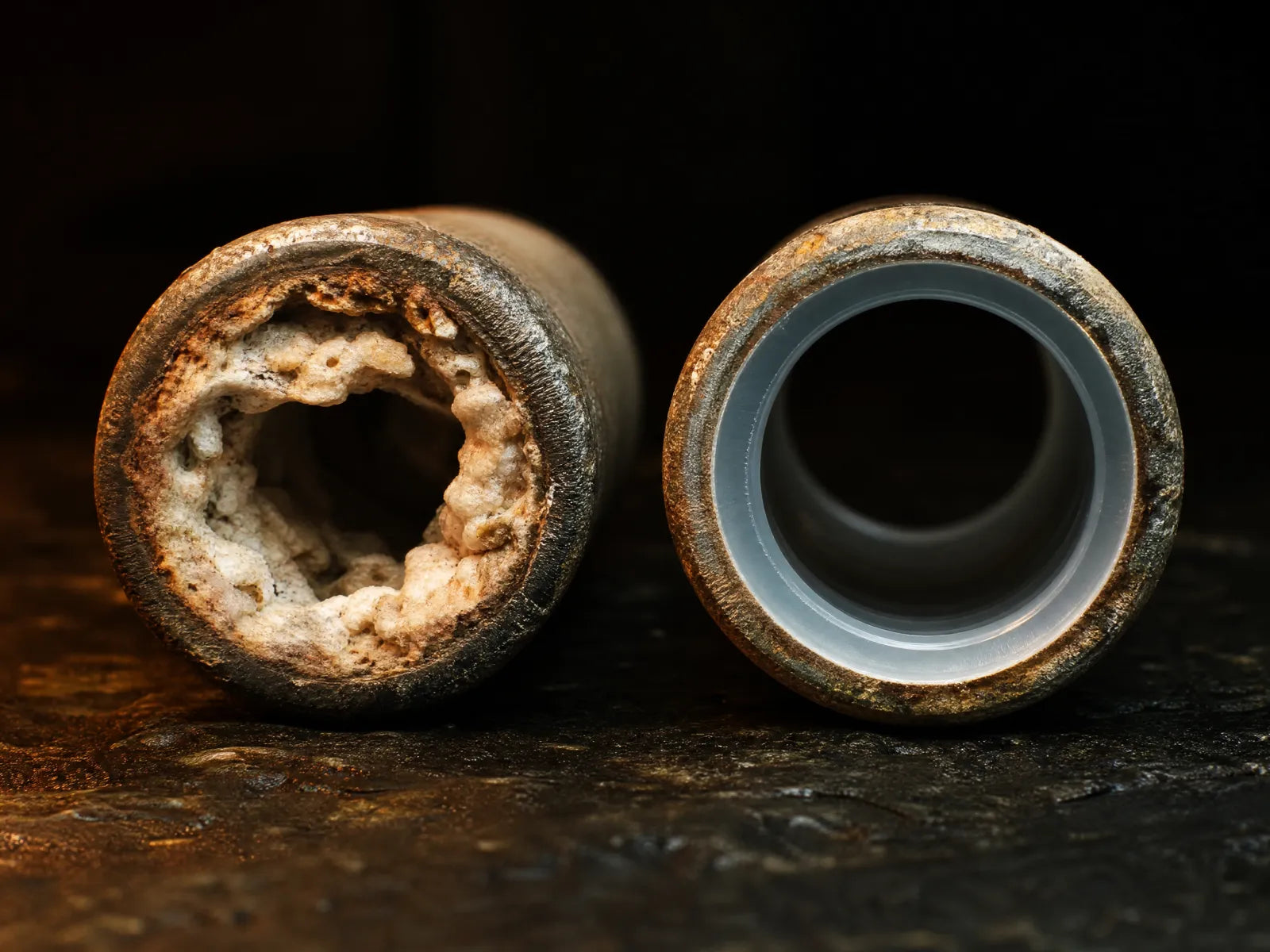 Old pipe caked with years of deposits next to a clean, clear pipe