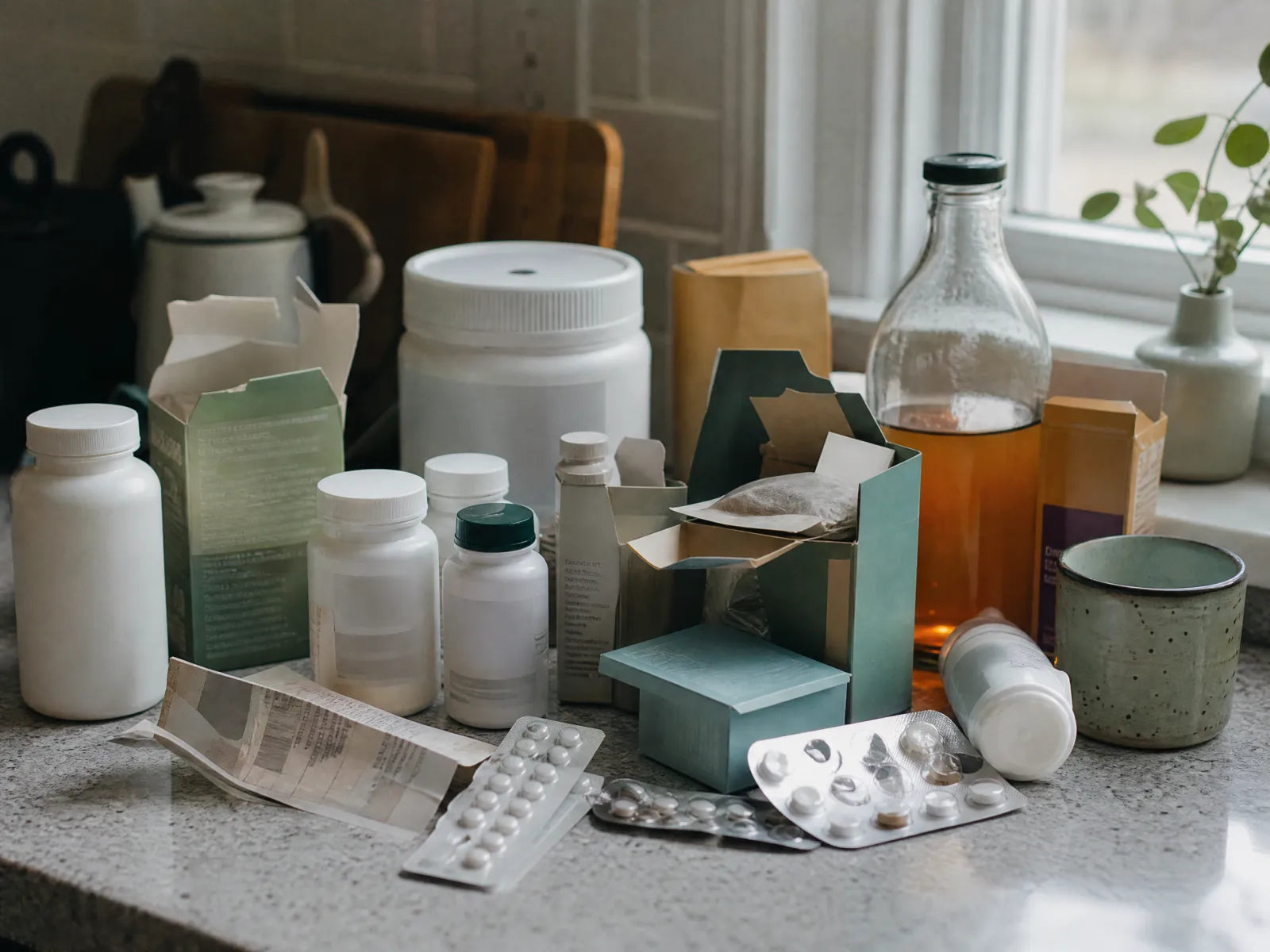 A counter crowded with half-used gut remedies
