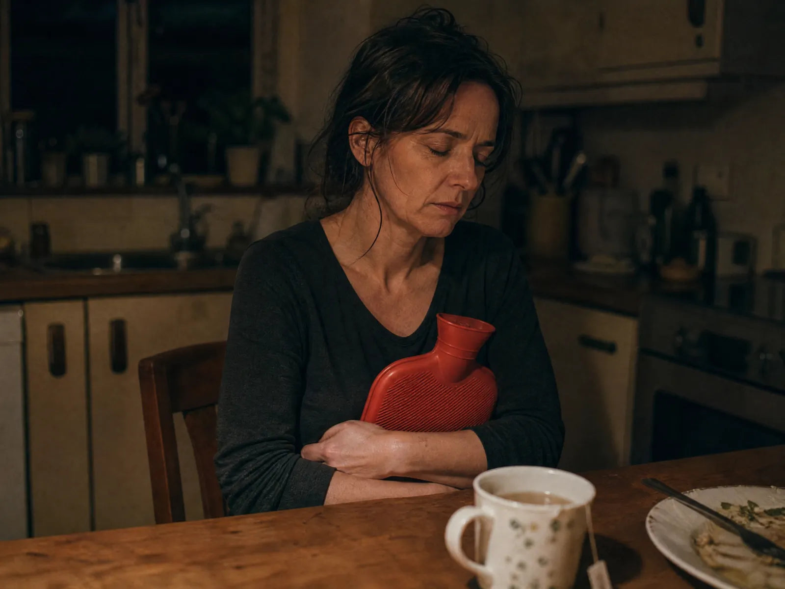 Woman with after-dinner bloating discomfort at the kitchen table