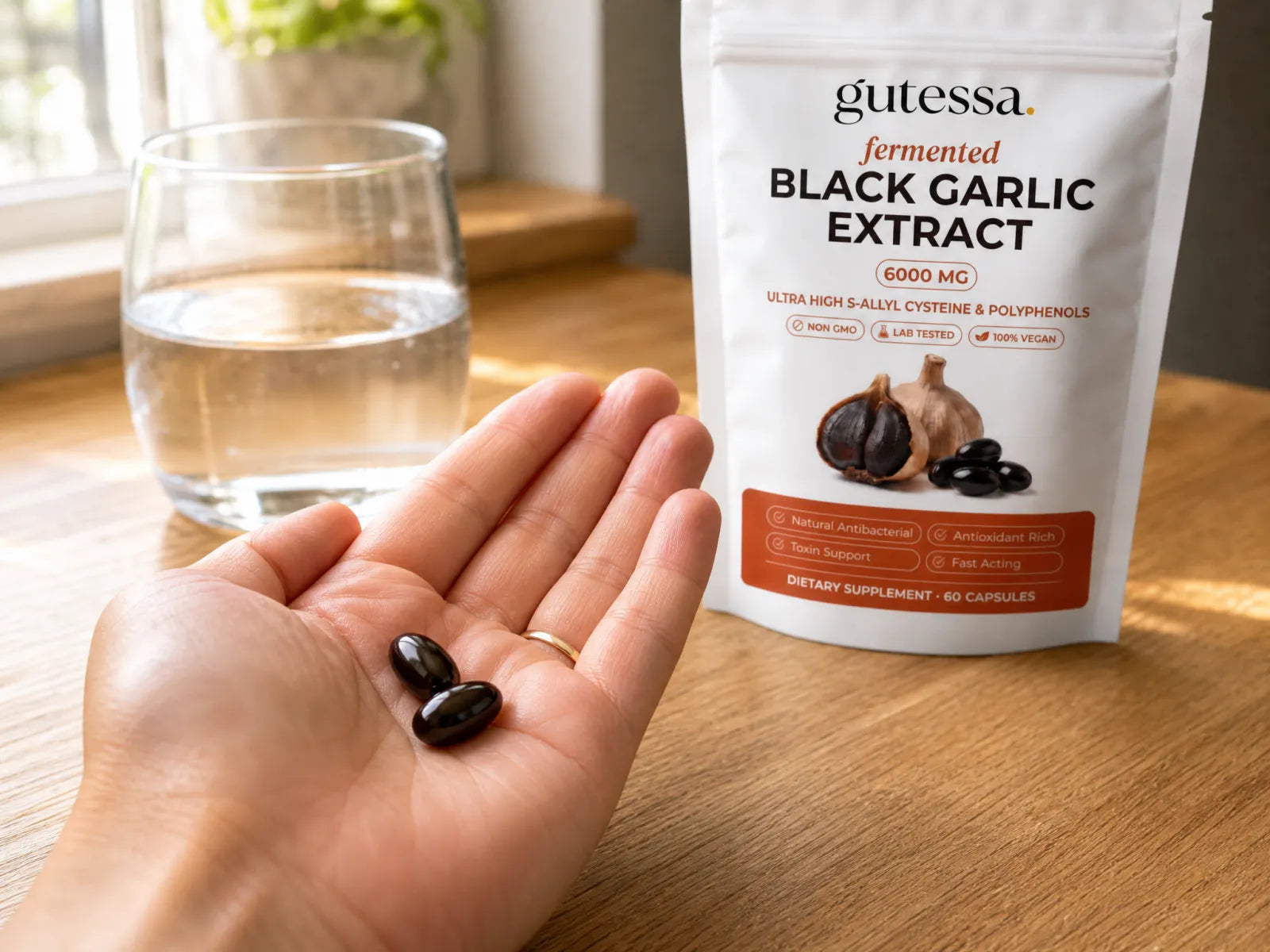 Two odorless Gutessa capsules in an open palm