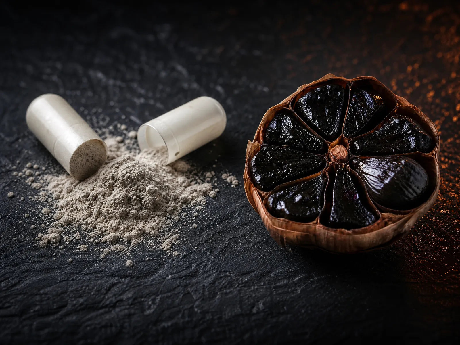 Rushed garlic powder next to a glossy slow-fermented black garlic bulb