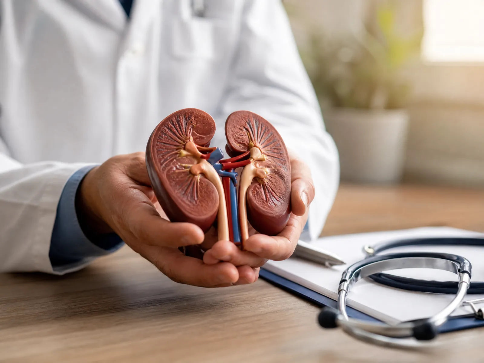 Anatomical model of human kidneys on a doctor's desk