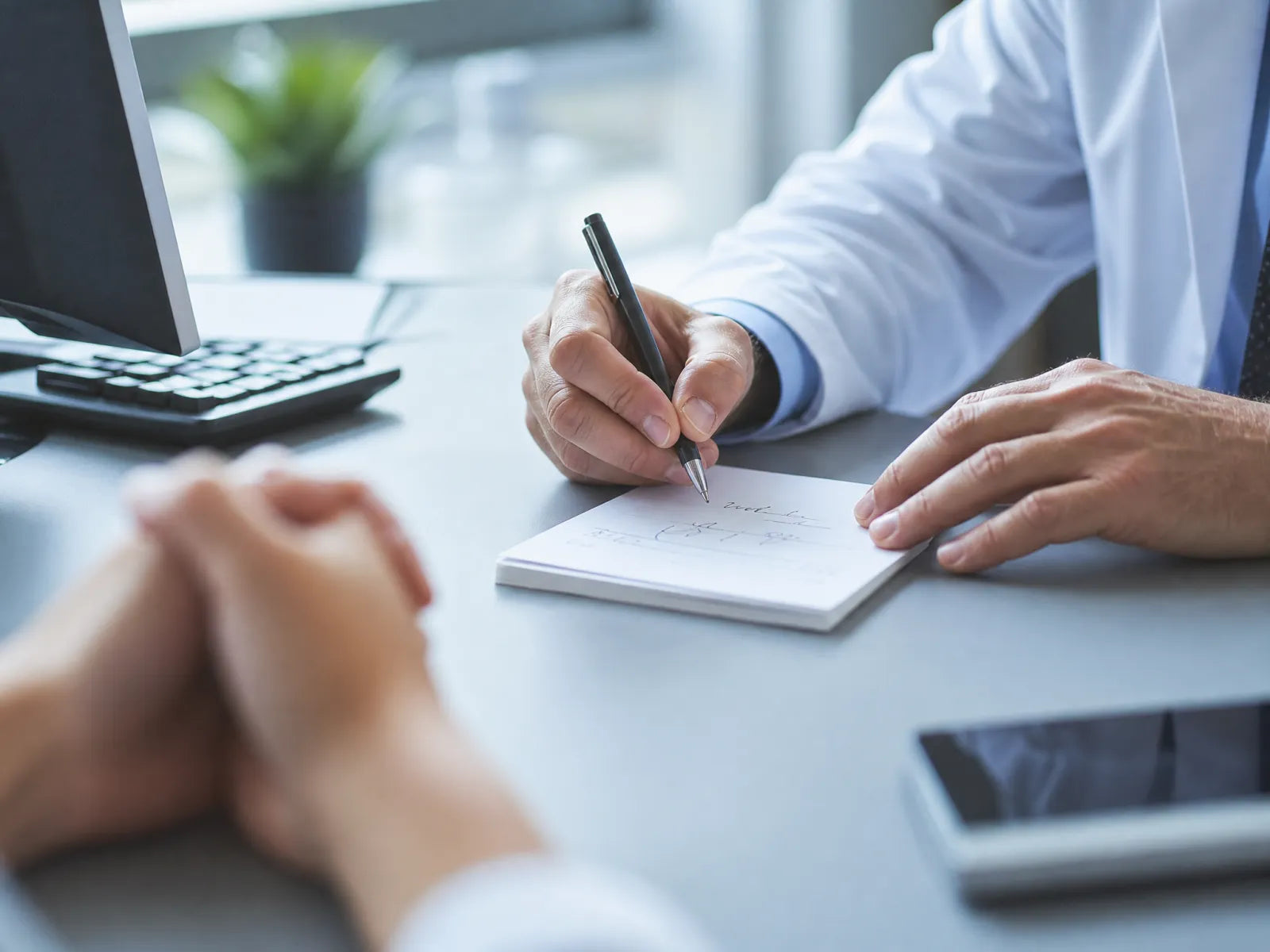 Doctor writing on a prescription pad across the desk from a patient