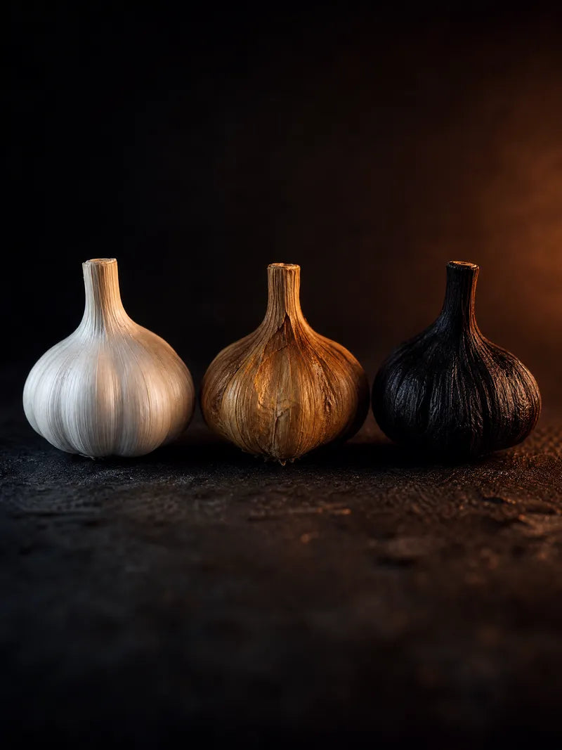 White, amber and black garlic bulbs showing the three stages of fermentation