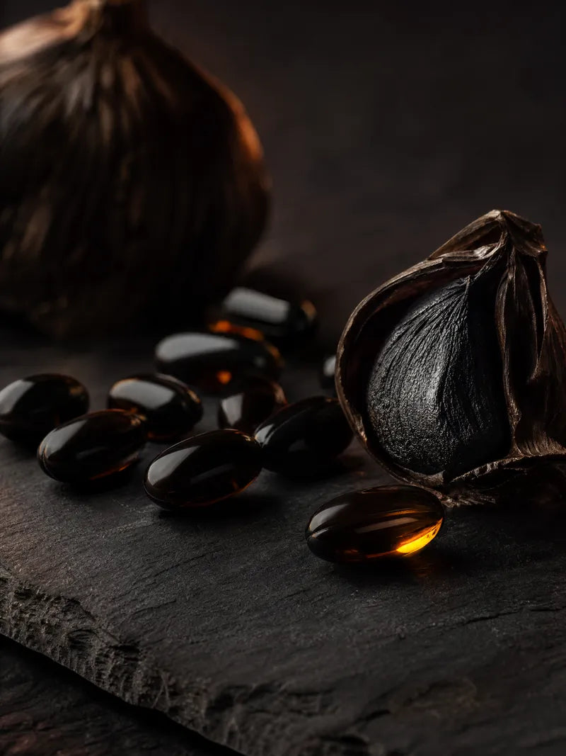 Dark glossy capsules beside a black garlic clove