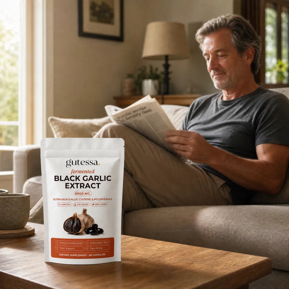 Relaxed man at home with his Gutessa pouch