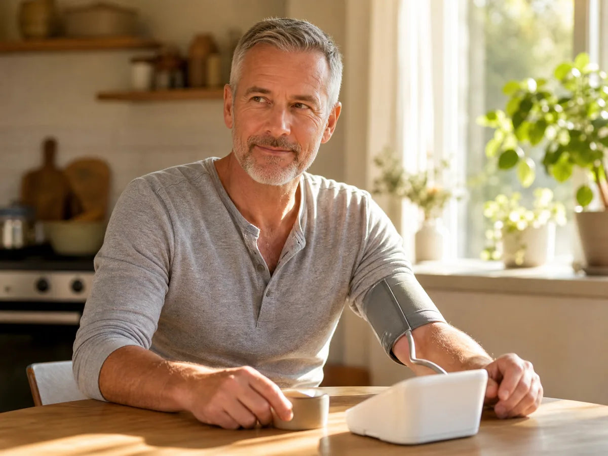 Man calmly checking his home blood pressure monitor at the kitchen table