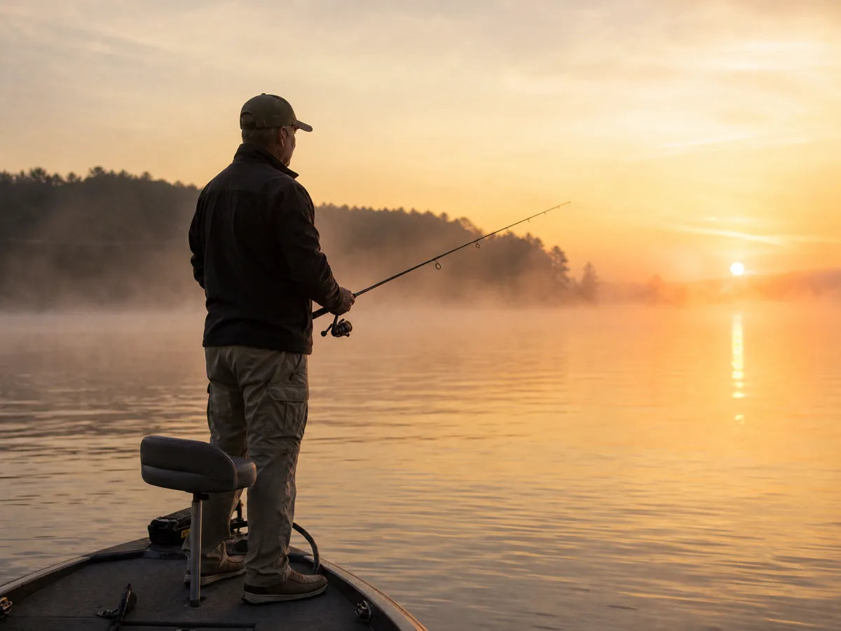 Man fishing off his boat at dawn