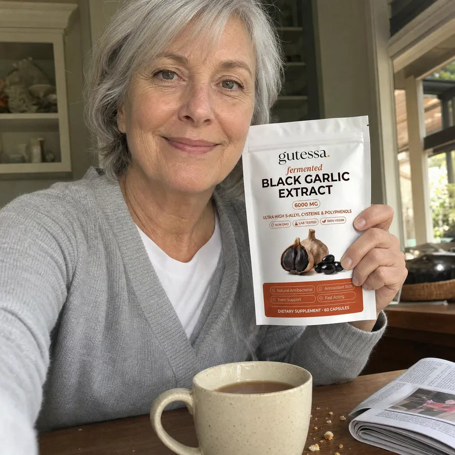 Barbara with her morning tea and Gutessa pouch
