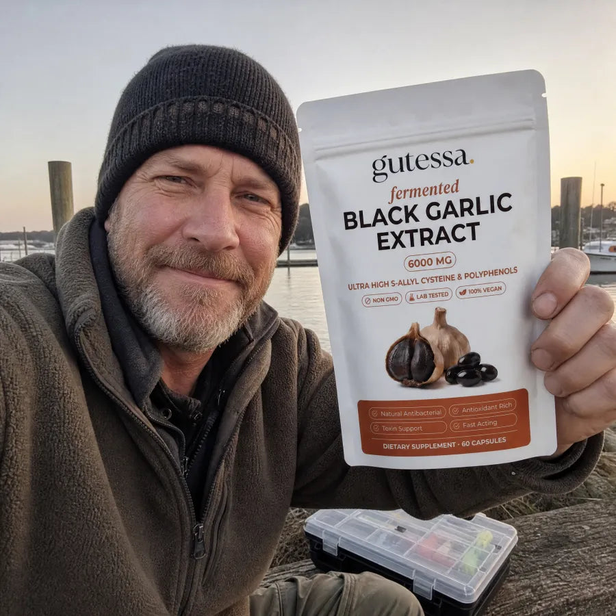 Ray holding his Gutessa pouch on the fishing dock