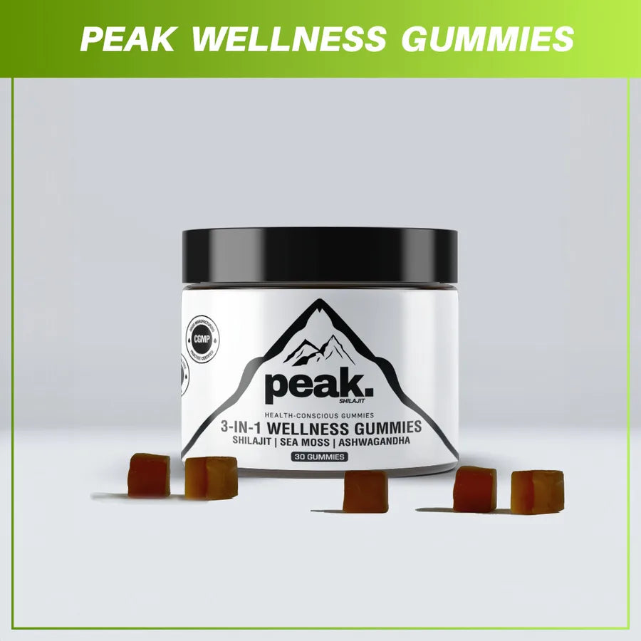 Peak 3-in-1 Wellness Gummies jar with gummies