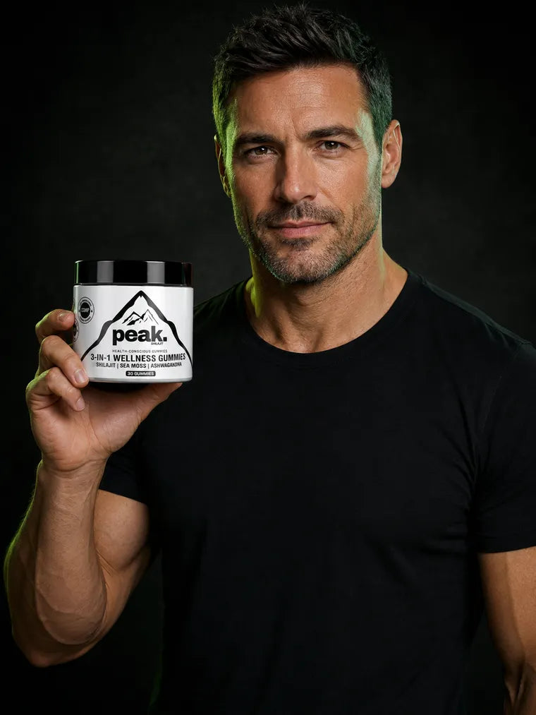 Man holding a jar of Peak 3-in-1 Wellness Gummies
